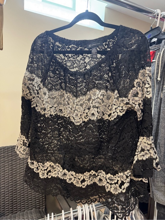 INC International Concepts Tops - Black Lace Blouse with Cream Floral Overlay